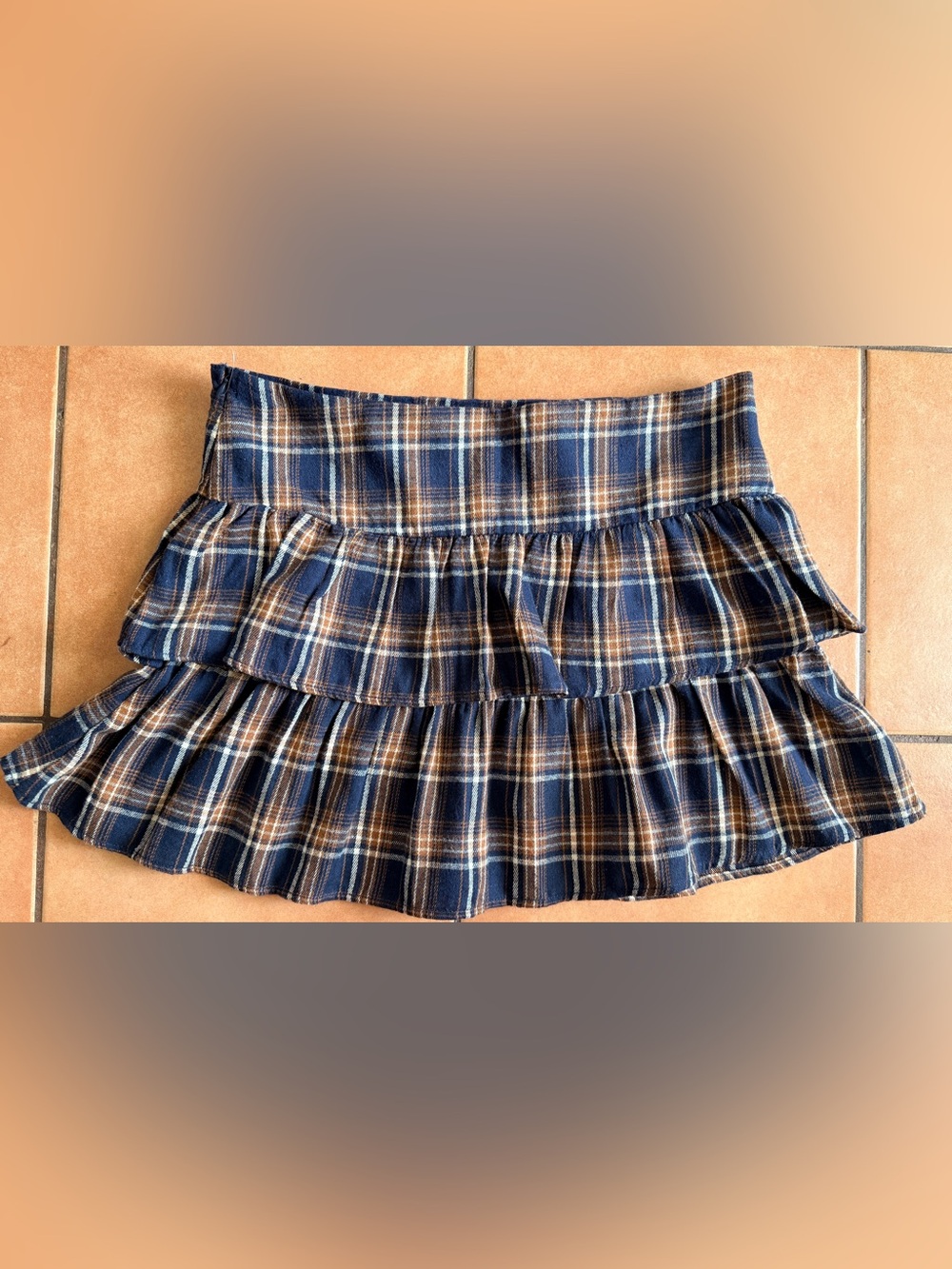 Cali 1850 Plaid Tiered Ruffle Mini Skirt Womens Navy Brown Tartan Y2K Size XL